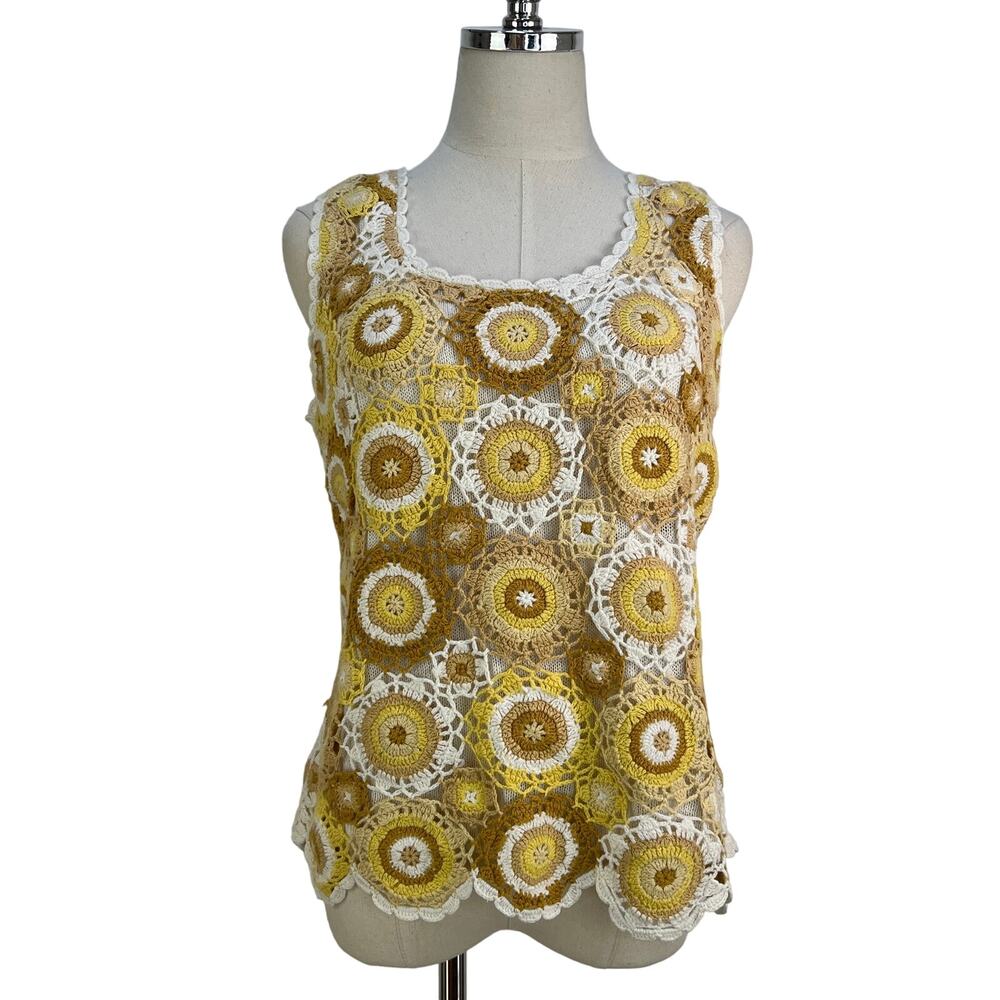 Vintage Crochet Tank Top Cotton Yellow Circle Motif